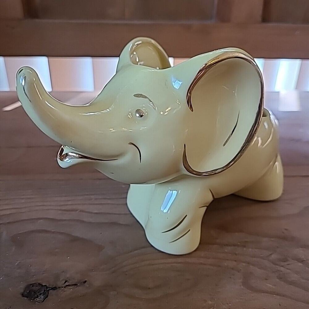Pearl China Co Yellow Elephant Ceramic Planter Vase Shelf Decor MCM 60's Gold